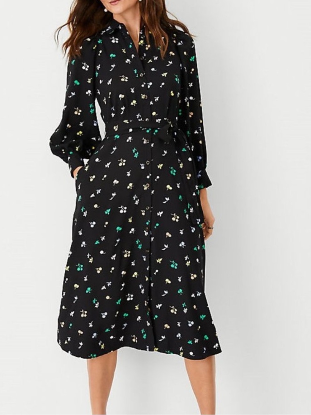 Ann Taylor NWT Black Floral Long Sleeve Shirt Dress